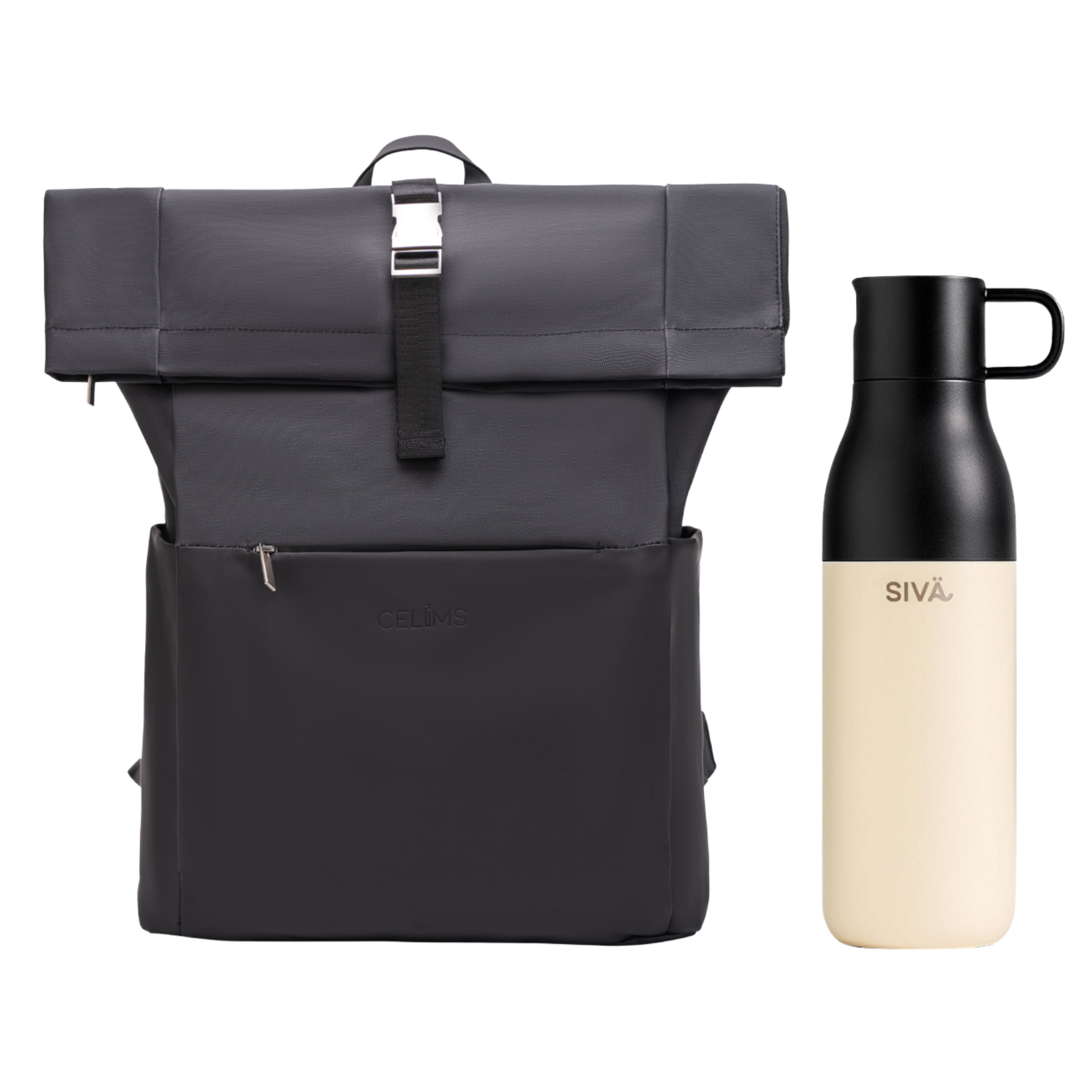 Zaino Roll-Top CELIMS - Bagaglio a mano 40x30x20cm - Impermeabile e ultra resistente - Nero