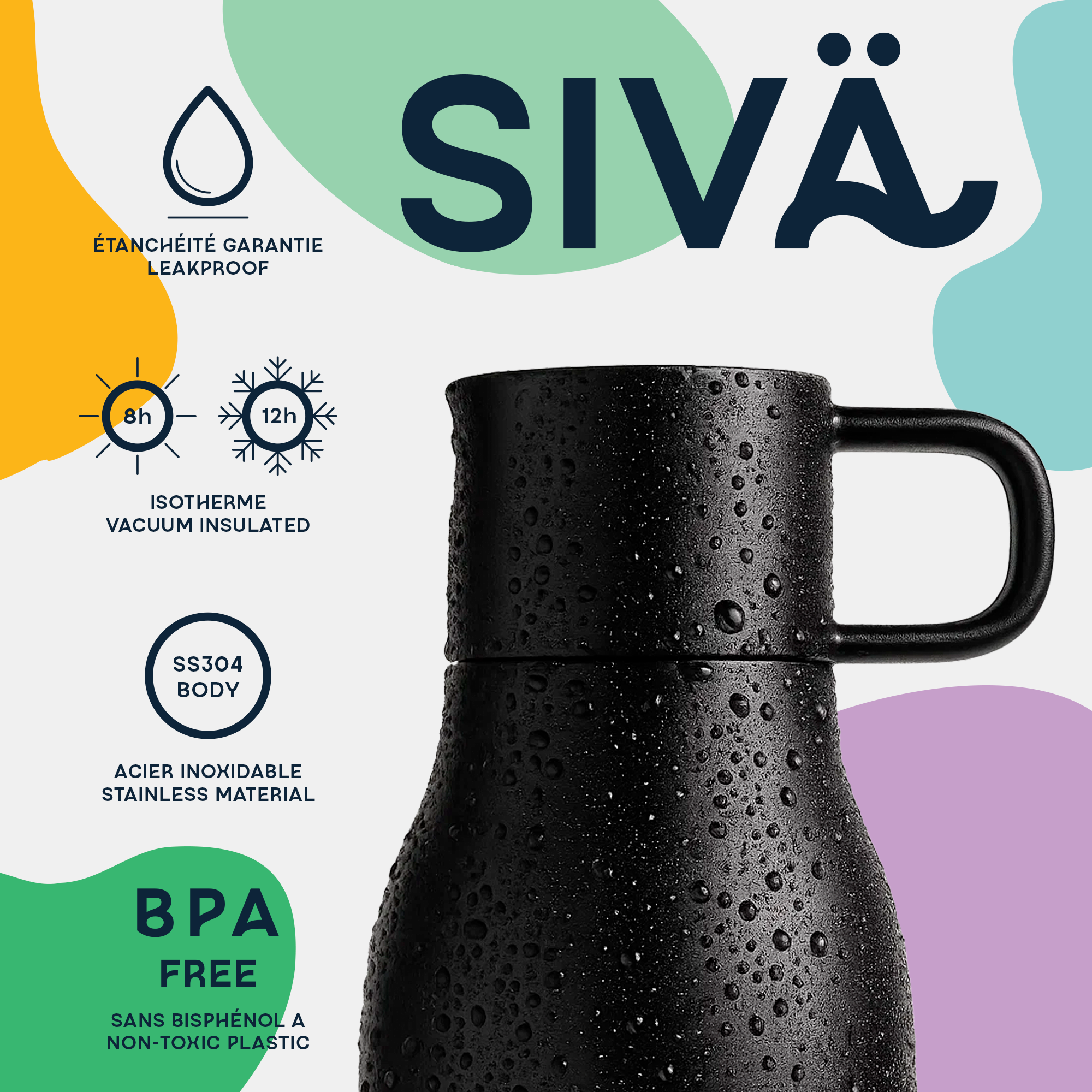 SIVÄ – 740 ml Edelstahl-Isolierflasche | 100 % auslaufsicher mit Aktivkohlefilter | BPA-frei